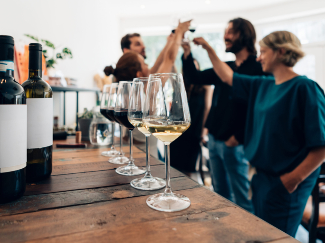 people inside a bar chilling out with a drink - friends talking and drinking in a winery - Millennials toasting at a wine tasting