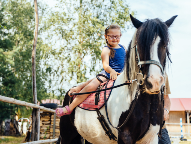 Cute girl on a red horse outdoor. Hippotherapy for young children with down syndrome, therapy after many serious diseases.