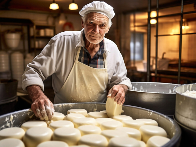 A man is a cheese maker in the process of producing different varieties of cheese in the industry. Concept of natural milk cheese making as a business